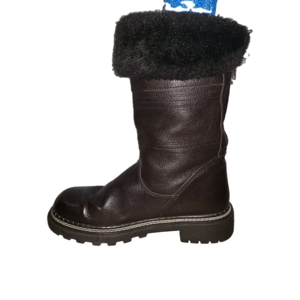 Bass Torino Women's Brown Leather Boots Size 7 M Faux Fur Zip Mid Calf Winter